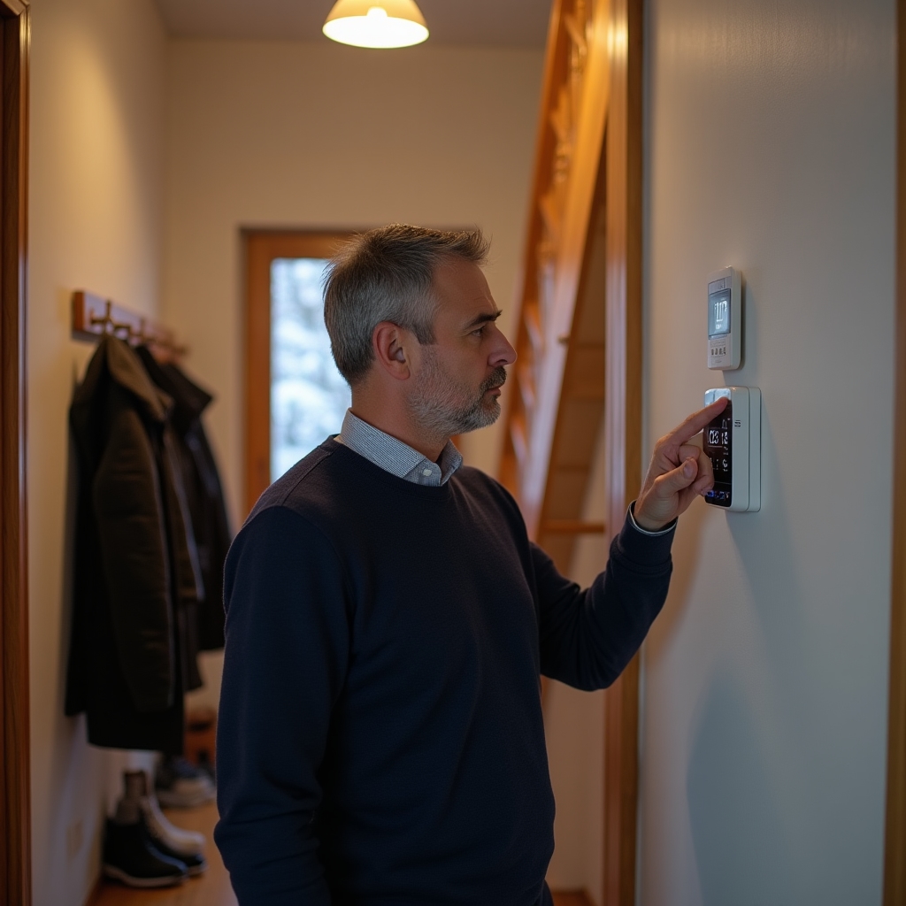 Proprietar verificând termostat pe timp de iarnă